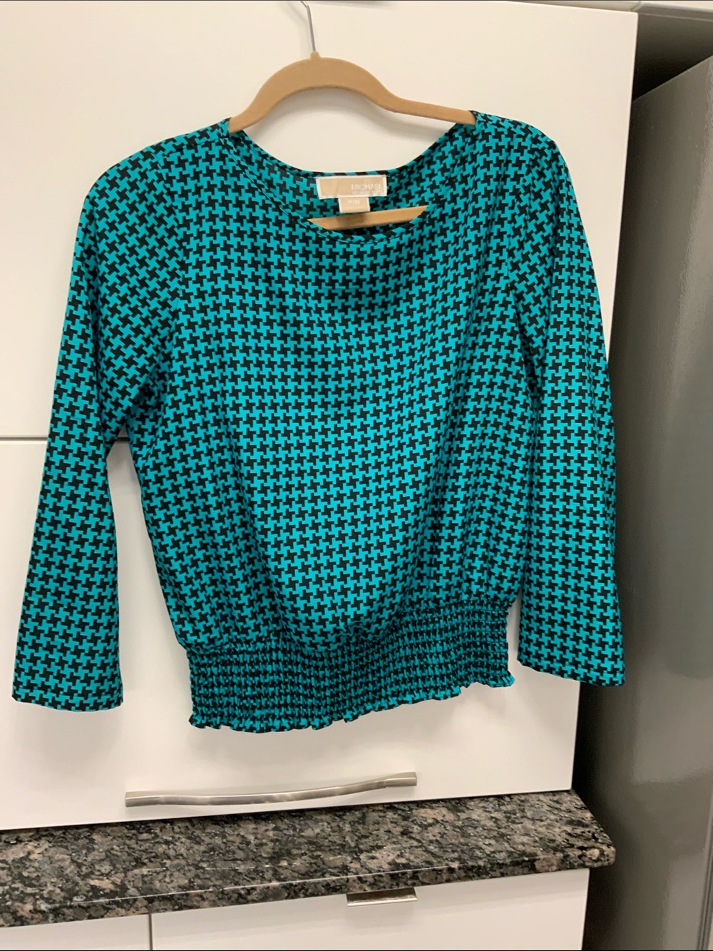 MICHAEL Michael Kors Teal and Black Houndstooth Long-Sleeve Top